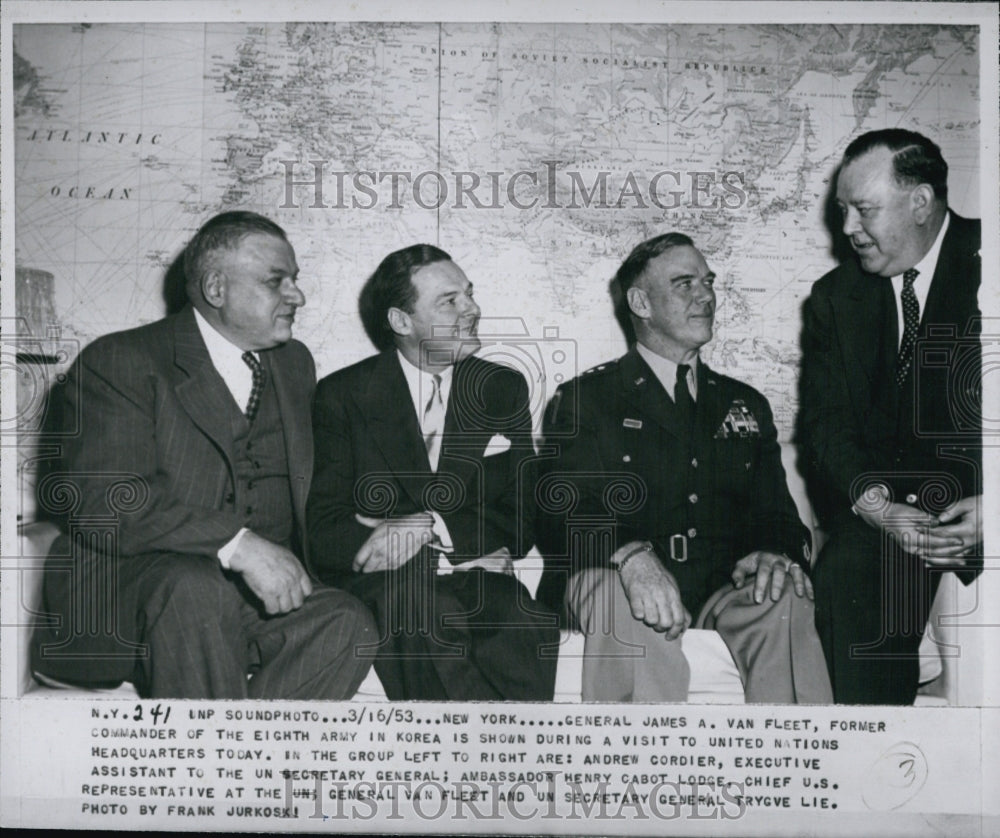 1953 Press Photo Gen. James A. Fleet, Andrew Cordier, Amb. Henry Cabot Lodge - Historic Images