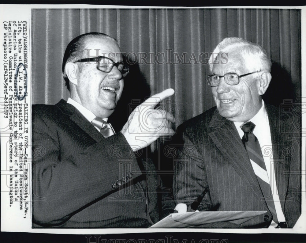 1973 Press Photo I.W. Abell Pres of Steelworkers Union &amp; Senator Hugh Scott (R) - Historic Images