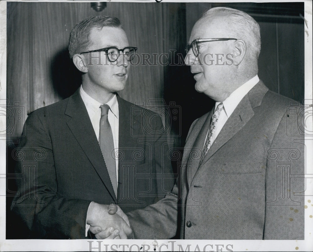 1957 Press Photo District Attorney Garrett Byrne Congratulate Son on Law Degree - Historic Images