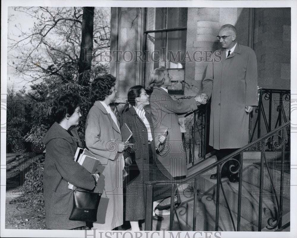 1960 Dr.Blake Tewsbury,Lasell Junior College Pres.welcomes students. - Historic Images