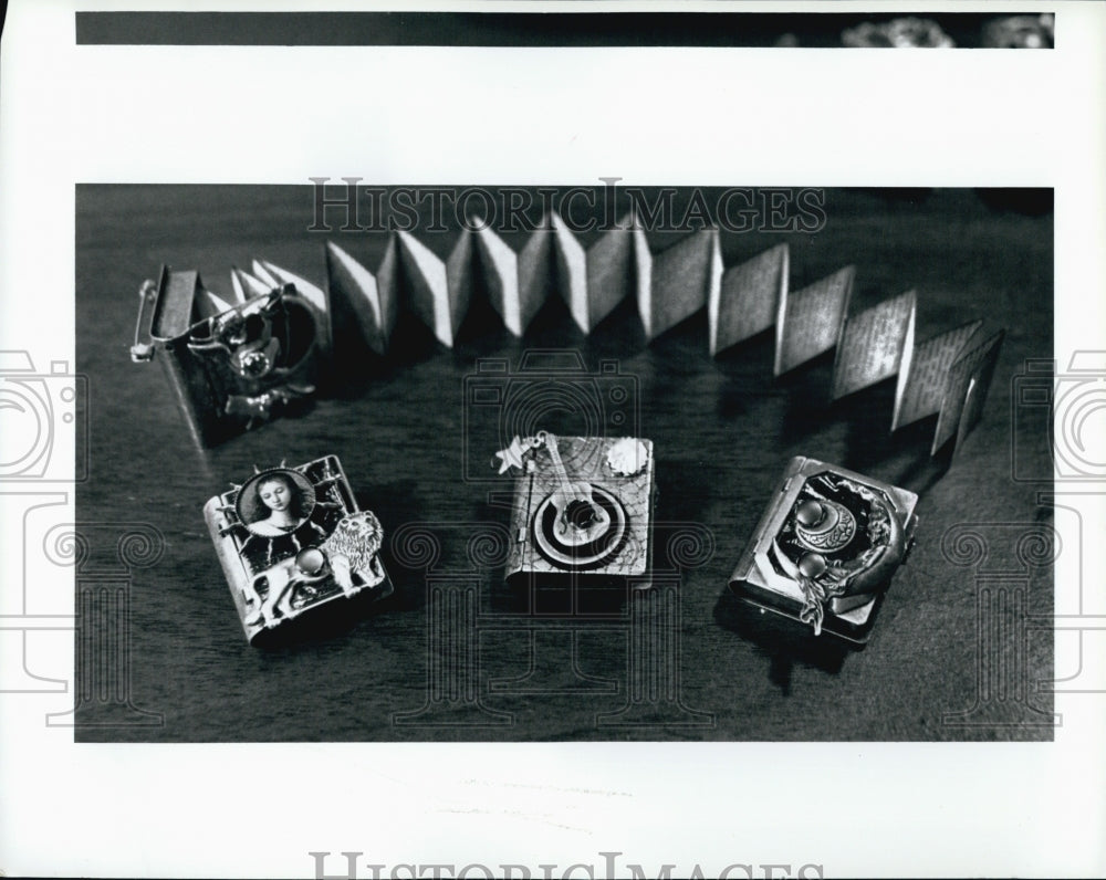 1995 Press Photo Jeweler/Story Teller Raelinda Woad Displays Her Pins - Historic Images