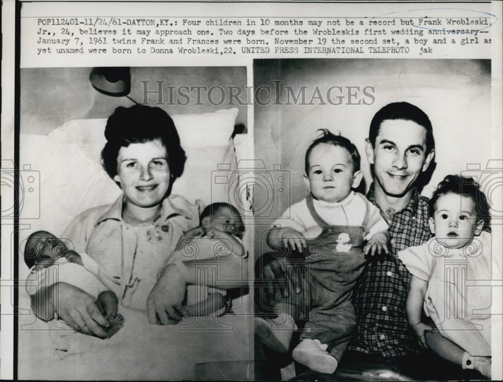 1961 Press Photo Mr. and Mrs. Frank Wrobleski with four children in 10 months. - Historic Images