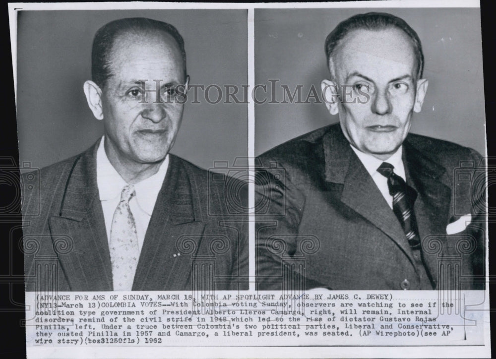 1962 Press Photo Alberto Camargo, President of Columbia and Gustavo Rojas - Historic Images