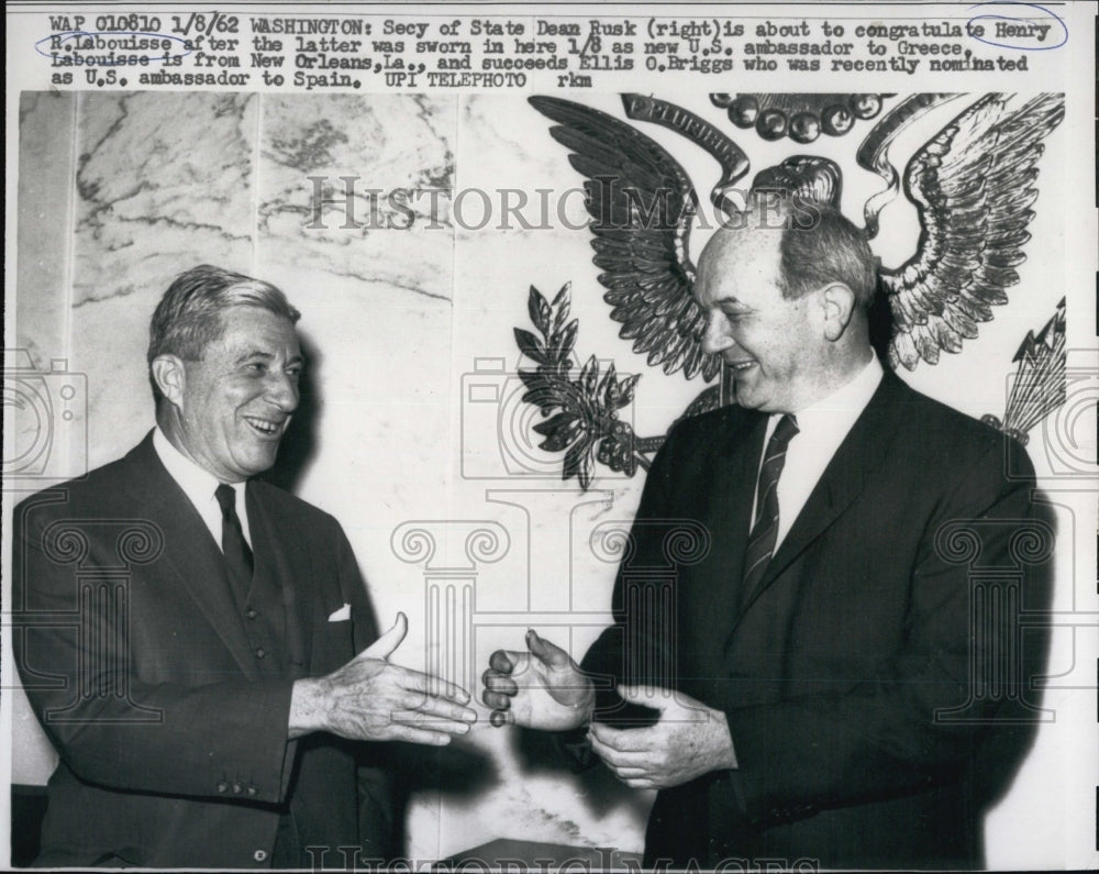 1962 Press Photo Sec of State Dean Rusk, and US Amb.Henry R.Labouisse for Greece - Historic Images