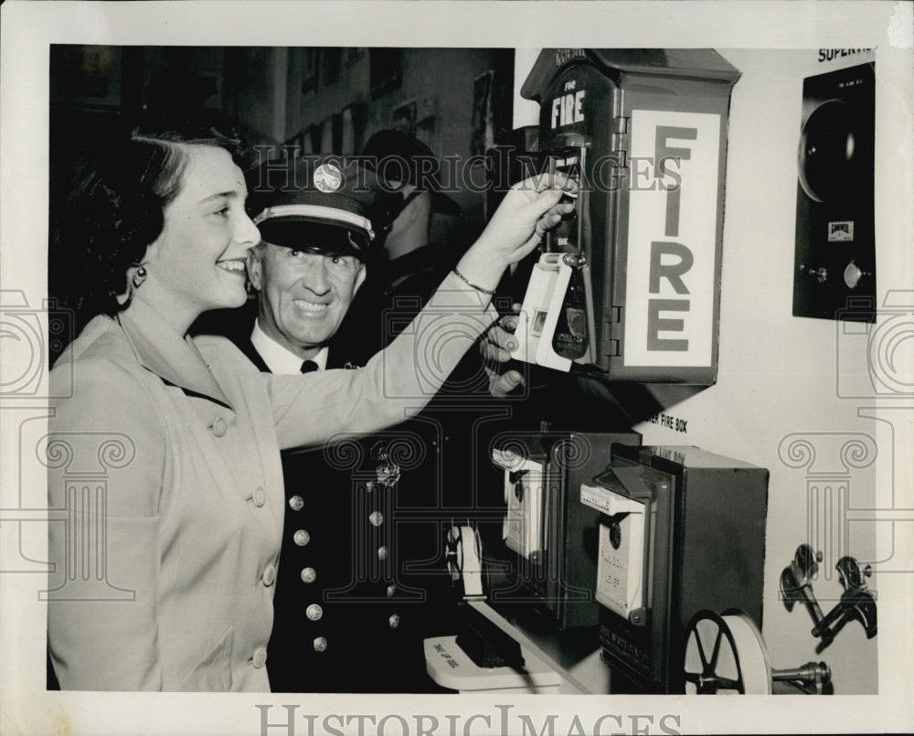 1952 Press Photo Army Base Fire Prevention Exhibit Chief Blake Jacqueline Goulet - Historic Images