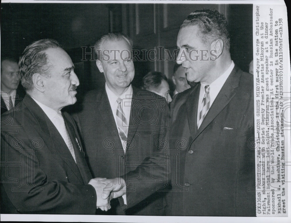 1958 Press Photo Mayor George Christopher &amp; Soviet Deputy Premier Mikoyan - Historic Images