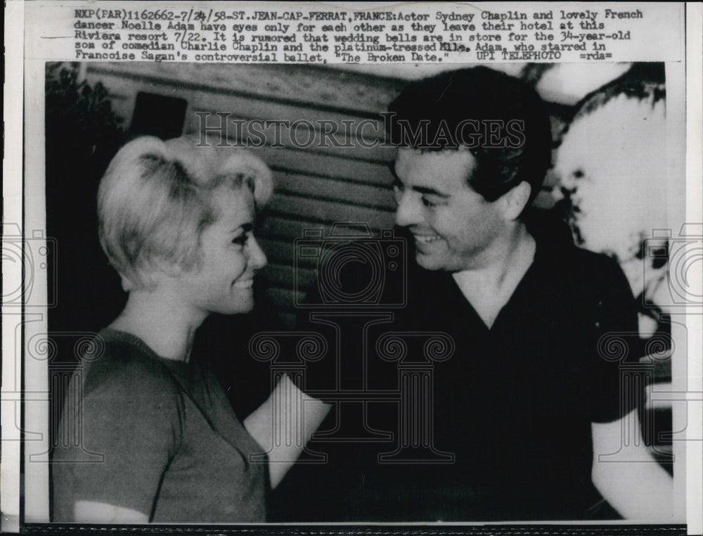 1958 Press Photo Actor Sydney Chaplin with French Dancer Noelle Adam. - Historic Images