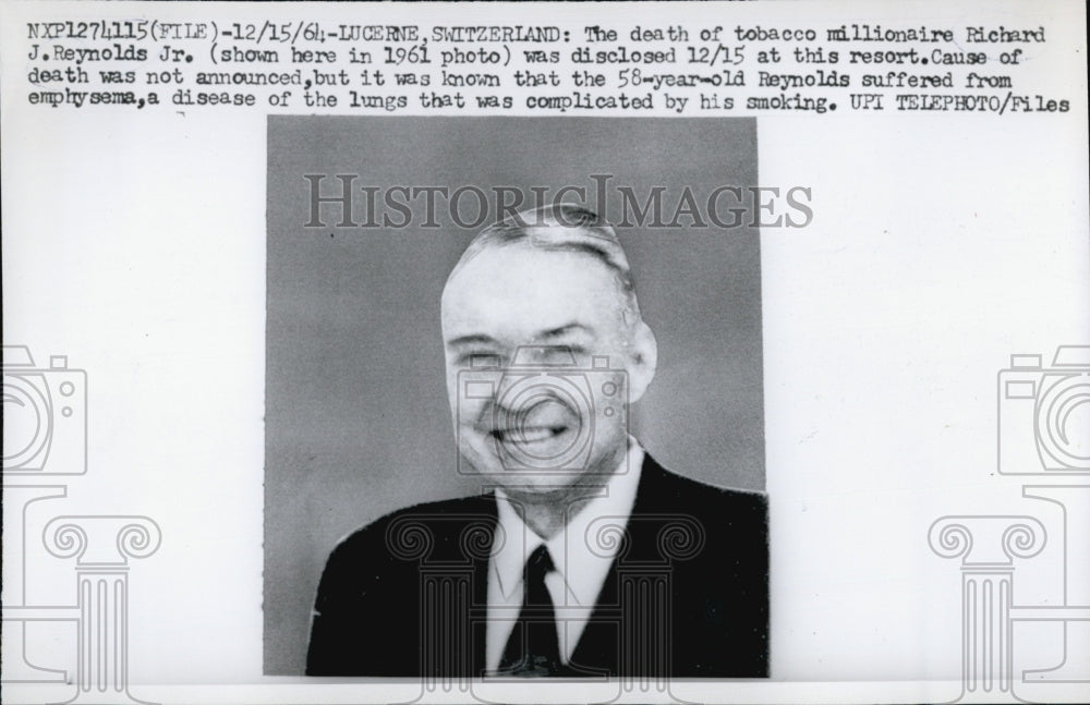 1964 Press Photo Death of Tobacco Millionaire Richard J Reynolds Jr due to - Historic Images