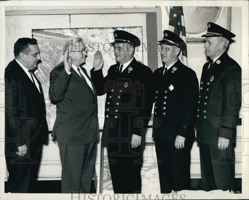 Press Photo Swearing for Deputy Chiefs for Fire Dept. to Mayor Lawrence F Butta. - Historic Images