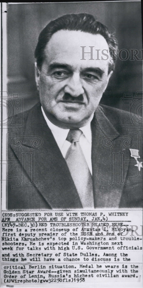 1958 Soviet Premier Anastas Mikoyan in US for Talks with Officials-Historic Images