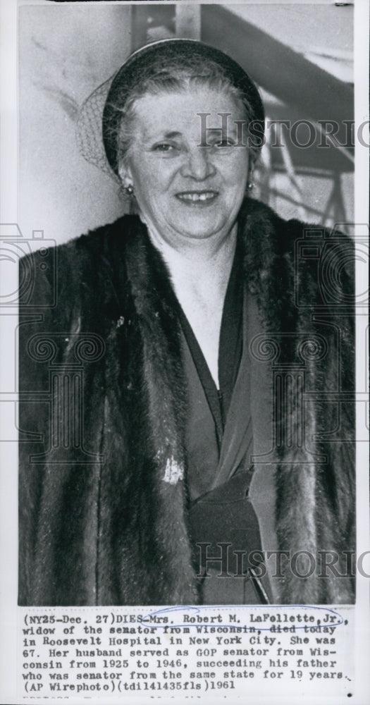 1961 Mrs Robert LaFellette Jr Widow of Senator Wisc Died in NY City-Historic Images