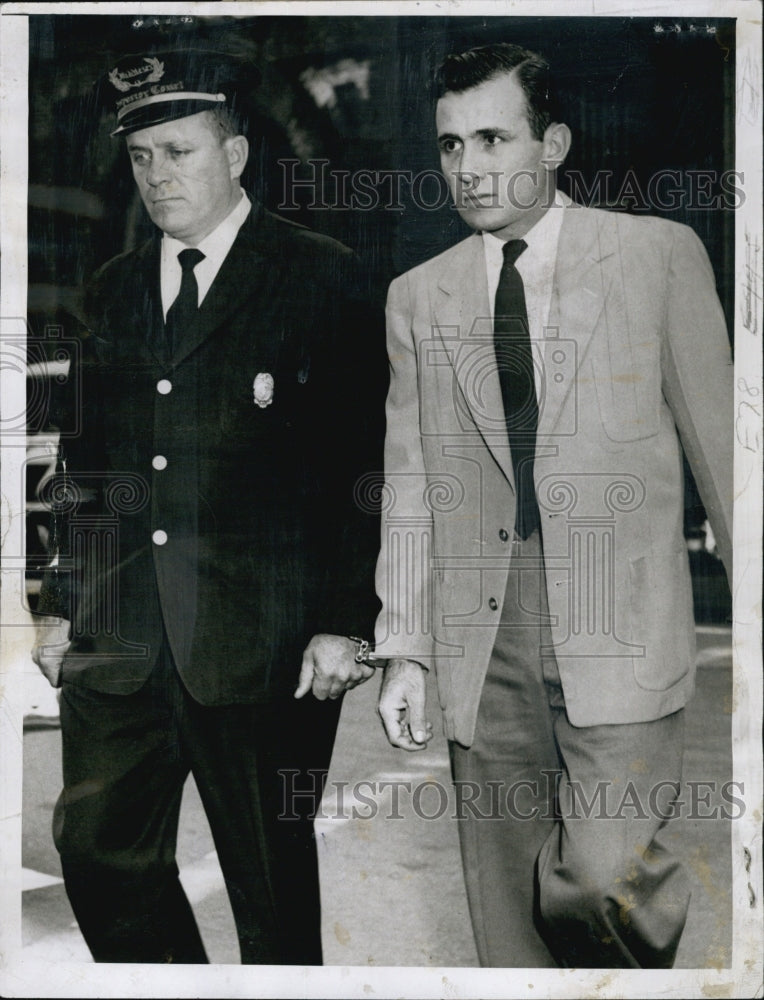 1957 Killer Henry Arsenault Jr, in custody of police detective.-Historic Images