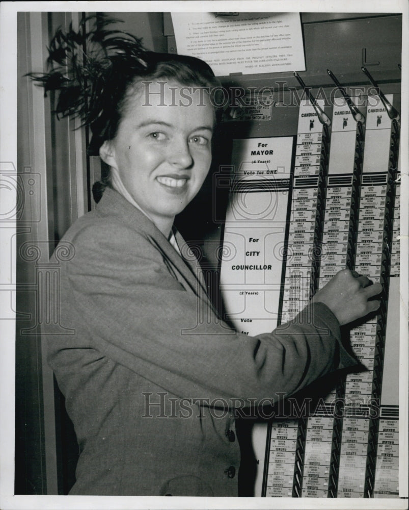 1951 Kathleen T. Ryan Dacey, voting at Ira Allen School, Dack Bay,-Historic Images