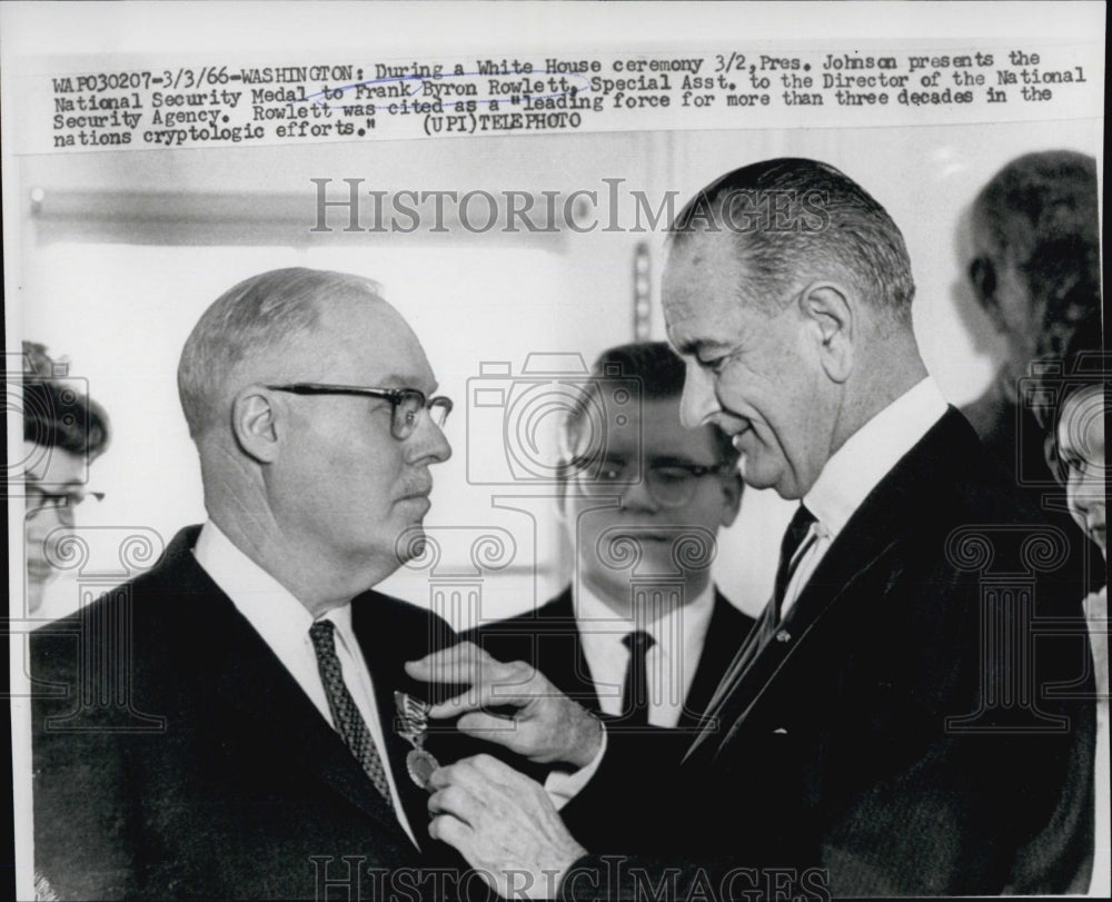 1966 Pres.Johnson present medal Frank Byron,Dir.of National Security-Historic Images