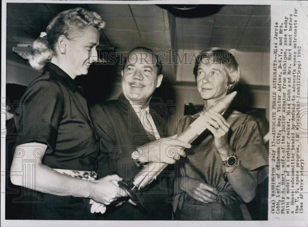 1962 Miss Jerrie Cobb, holds a model of a centaur rocket.-Historic Images