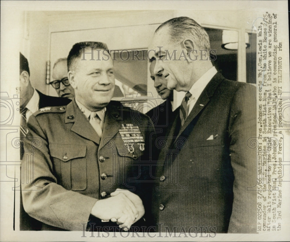 1966 Pres. Johnson escorts Maj. Gen. Lewis Walt  from White House-Historic Images