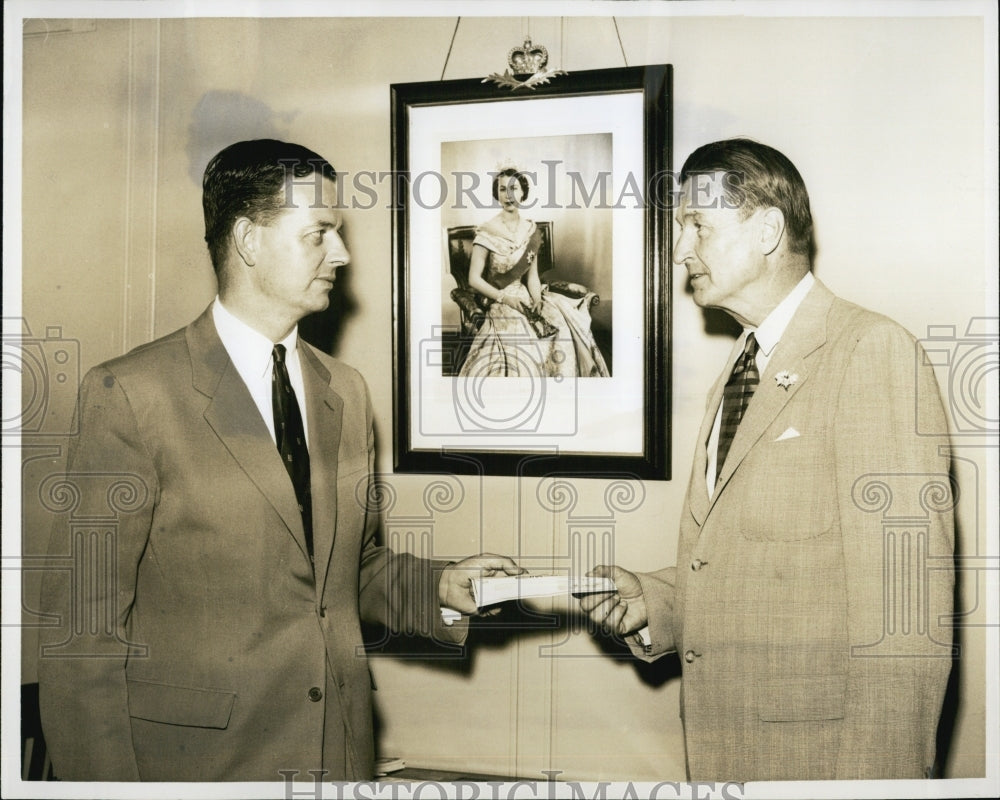 1955 British Amb.Sir Roger Makins gives check for community service.-Historic Images