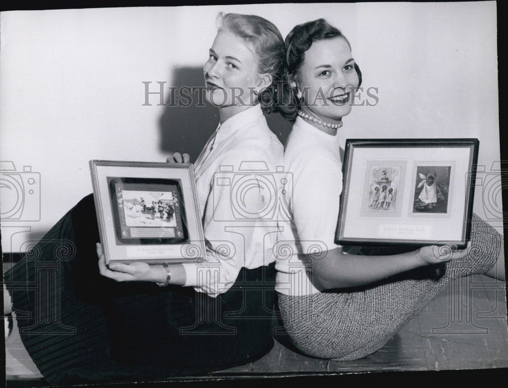 1957 Maureen Lynch and Carol Leshane holds a oldest American Cards.-Historic Images