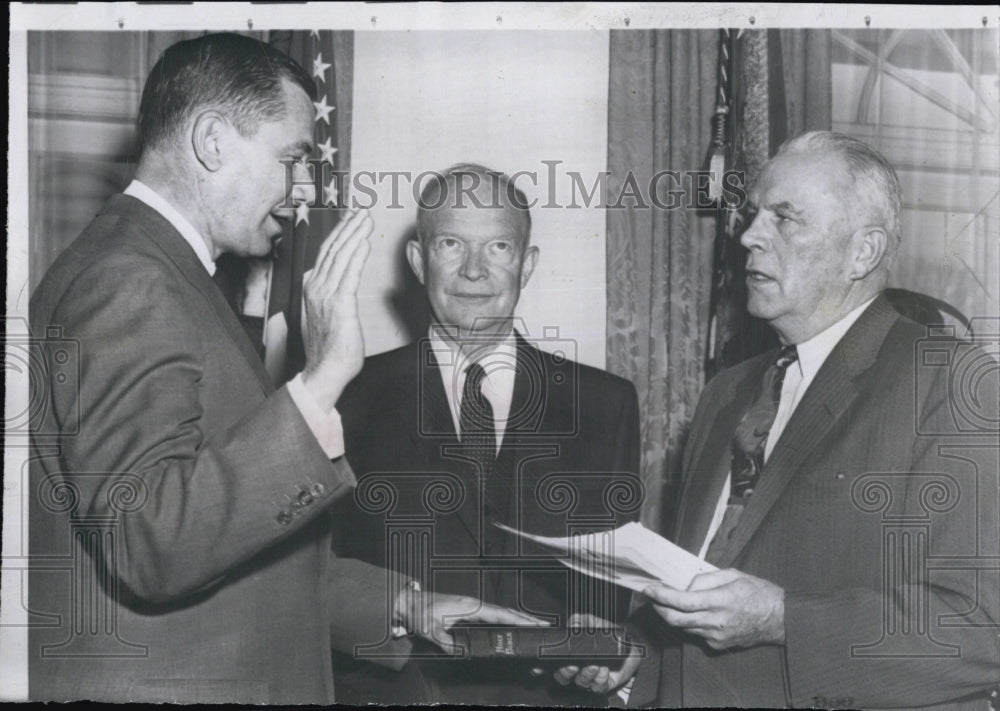 1957 Thomas S.Gates sworn as Sec of Navy with Charles Thomas.-Historic Images