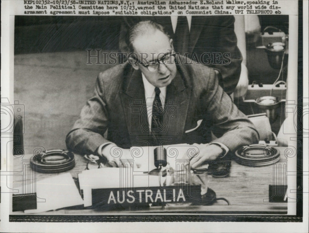 1958 Australian Ambassador E Roland Walker speaking in the Main-Historic Images