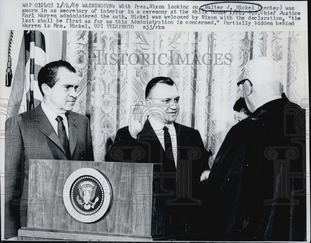 1969 Pres Nixon looking on Walter Hickel sworn in as Sec of Interior-Historic Images