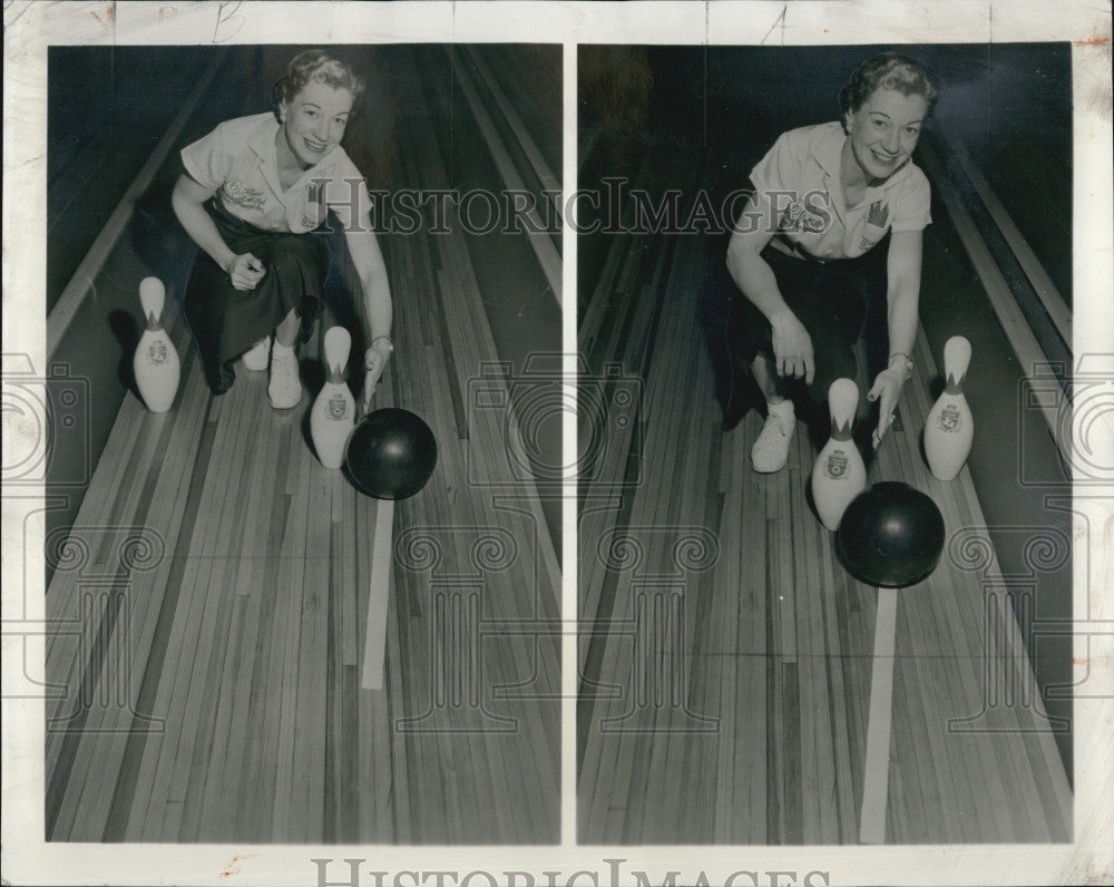 1957 Press Photo Ten-Pin Bowler Marion Ladewig Shows Angle For Splits - Historic Images