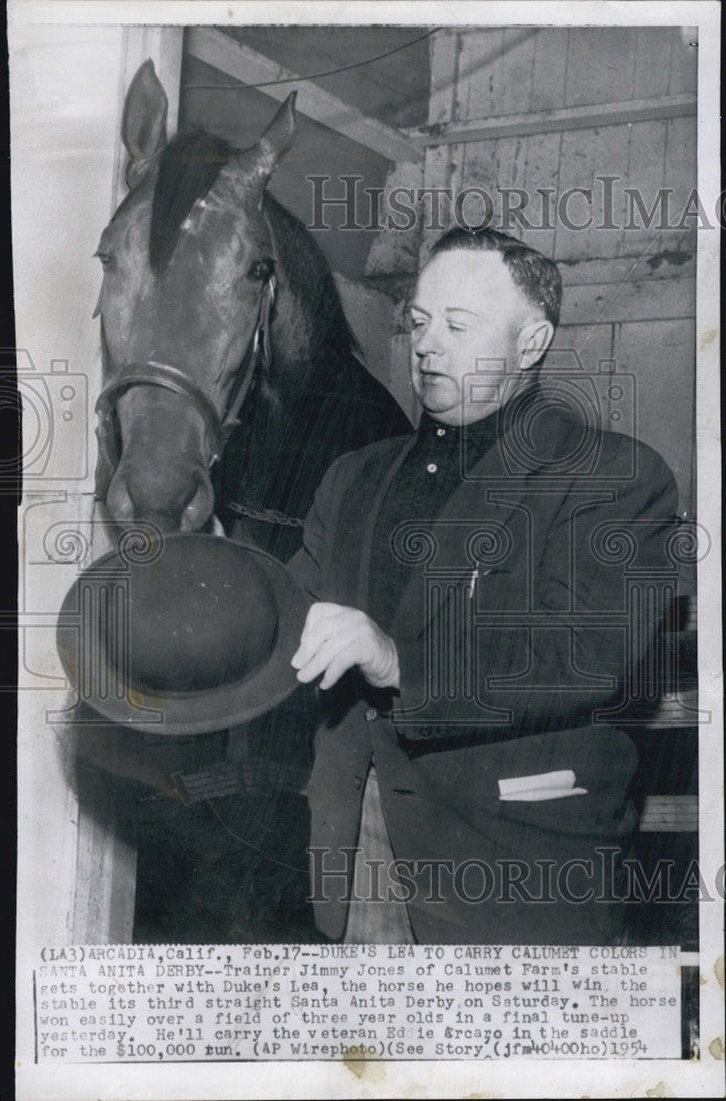 1954 Press Photo Horse Trainer Jimmy Jones Horse Duke&#39;s Lea Santa Anita Derby - Historic Images