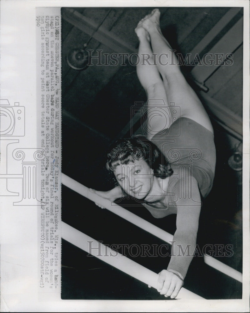 1960 Press Photo Judy Klauser on Uneven Parallel Bars Trials for the Olympic Tea - Historic Images