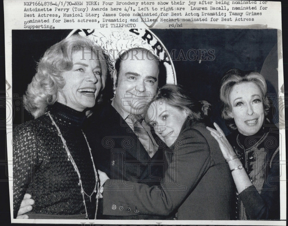 1970 Press Photo Broadway Stars Lauren Bacall Tammy Grimes James Coco and Eileen - Historic Images