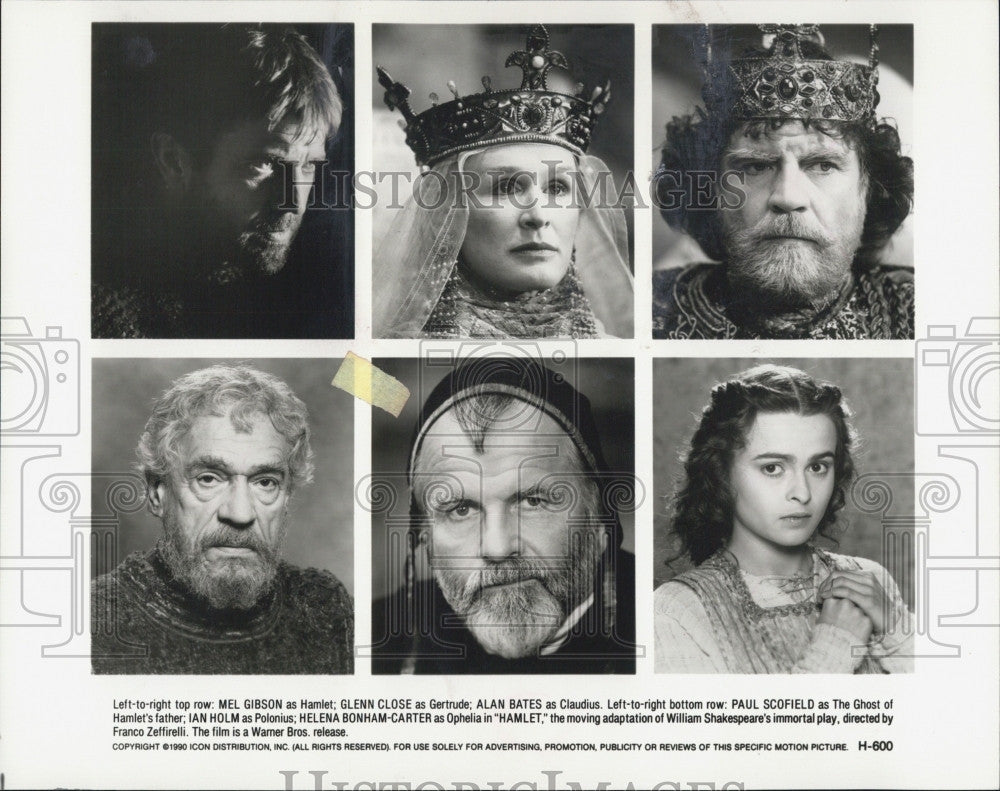 1991 Press Photo Actors in Hamlet, Gibson, Close, Bates, Scofield, Holm - Historic Images