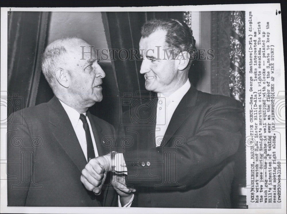 1960 Press Photo Sens. George Smathers and Lister Hill at civil rights session - Historic Images