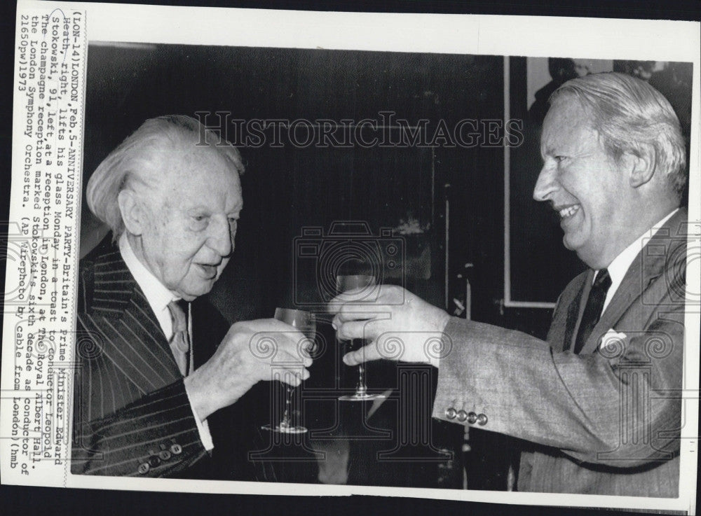 1973 Press Photo Britain Minister Edward Heath with conductor Leopold Stokowski. - Historic Images