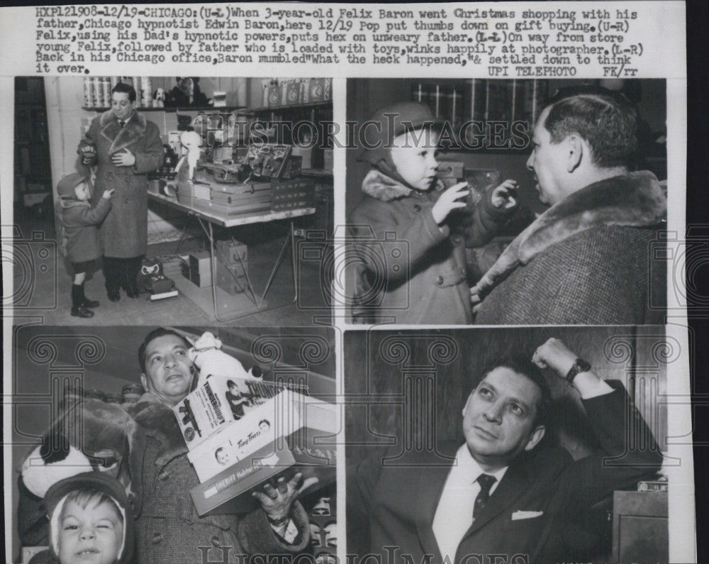 1958 Press Photo Edwin Baron Hypnotist With Son Felix Christmas Shopping - Historic Images