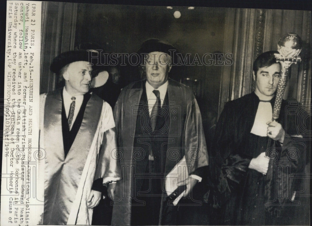 1976 Press Photo Violinsit Yehudi Menuhin &amp; Former British Prime Minister Heath - Historic Images