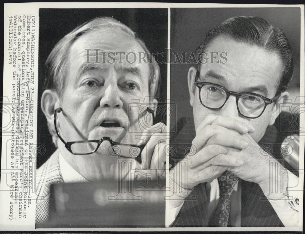 1975 Press Photo Sen. Hubert Humphrey and Alan Greenspan. - Historic Images