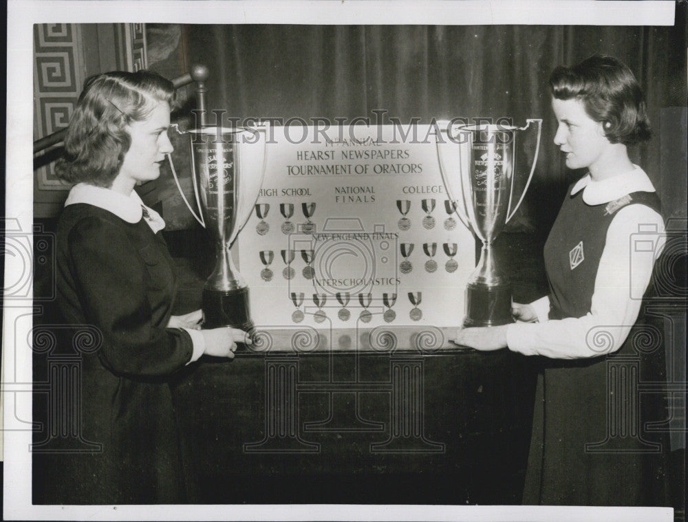 1956 Press Photo Hearst Newspaper Tournament of Orators Medals Trophies - Historic Images