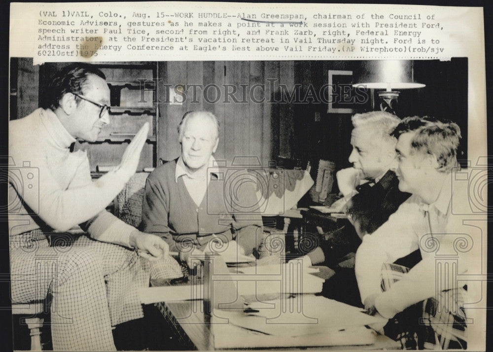 1975 Press Photo Alan Greenspan,President Ford &amp; F Zarb - Historic Images