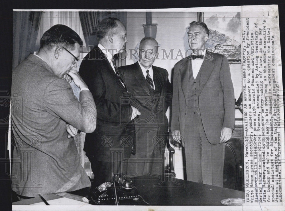 1957 Press Photo J Hagerty, White House sec,Pres Eisenhower,H Stassen,C Herter - Historic Images