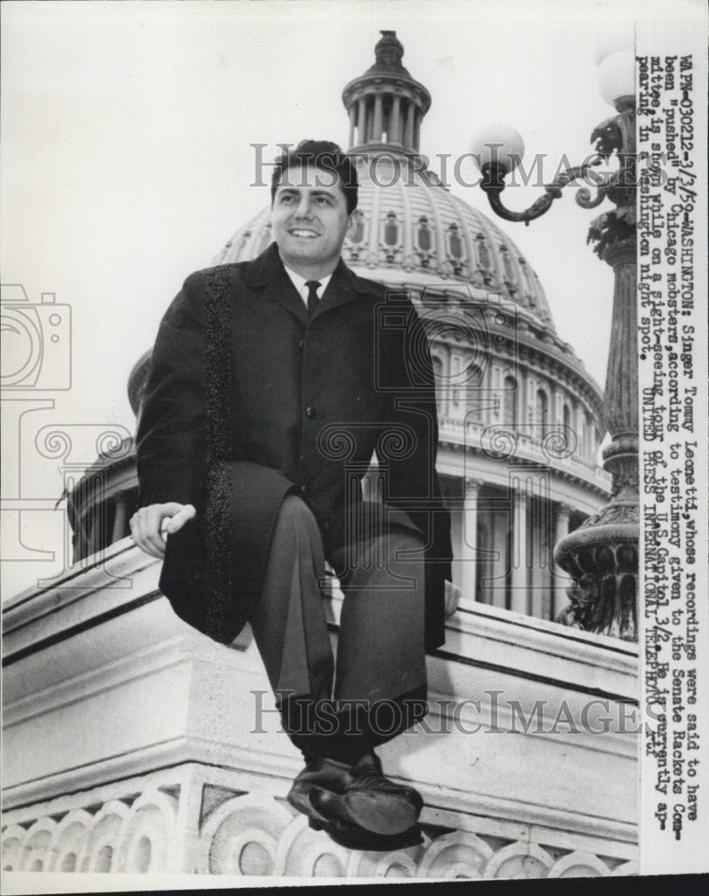 1959 Press Photo Singer Tommy Leonetti testified before Senate Rackets Committee about link to Chica - Historic Images