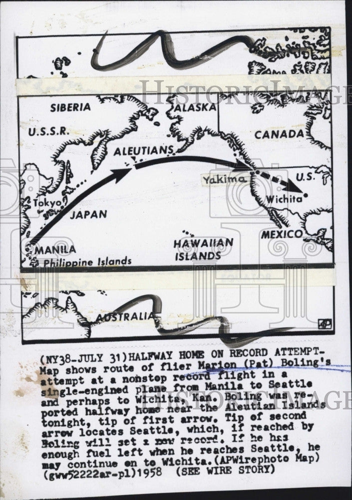 1958 Press Photo Map shows route of flier Marion Boling - Historic Images