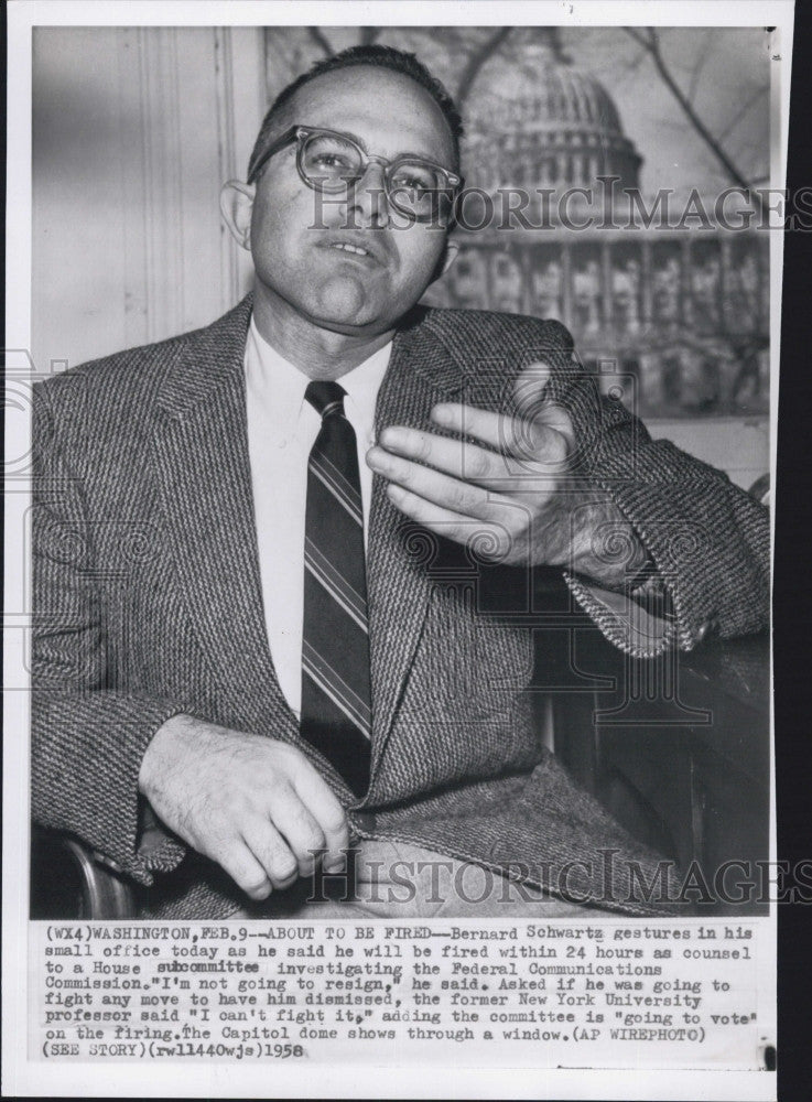 1958 Press Photo Bernard Schwartz,fired as counsel to House sub committee - Historic Images