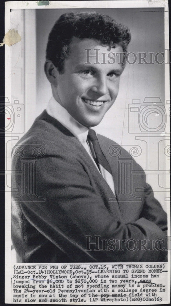 1963 Press Photo Pop music singer Bobby Vinton - Historic Images