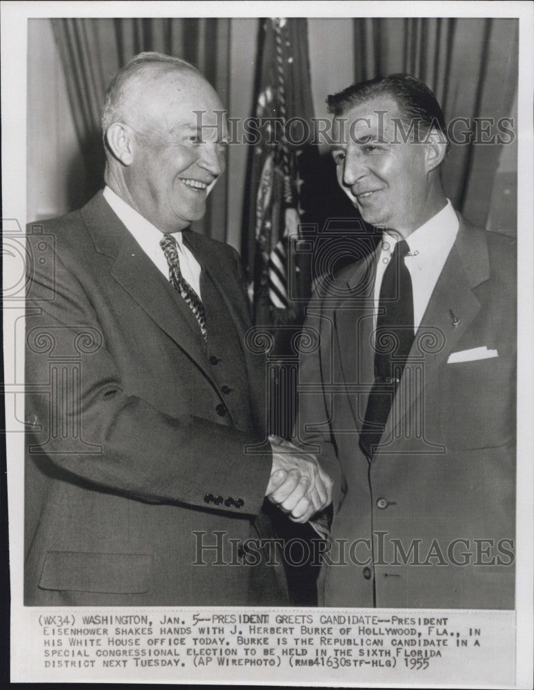 1955 Press Photo President Eisenhower greets Republican candidate J Herbert Burk - Historic Images