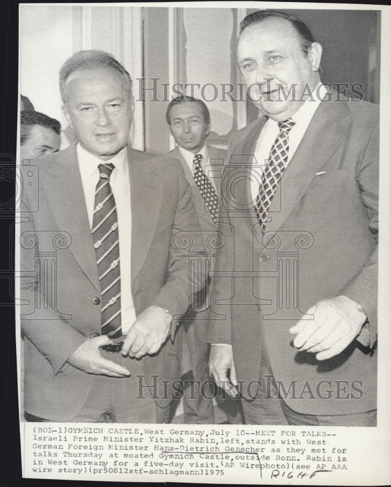 1975 Press Photo Hans Genscher of Germany and Yitzhak Rabin of Israel - Historic Images