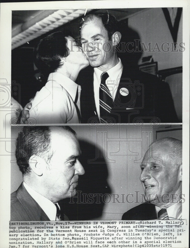 1971 Press Photo Republication winner Richard T. Mallary kissed by wife Mary - Historic Images