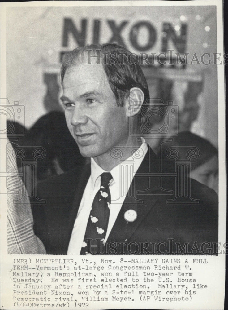 1972 Press Photo Rupublican Congressman Richard W Mallary won full two year term - Historic Images