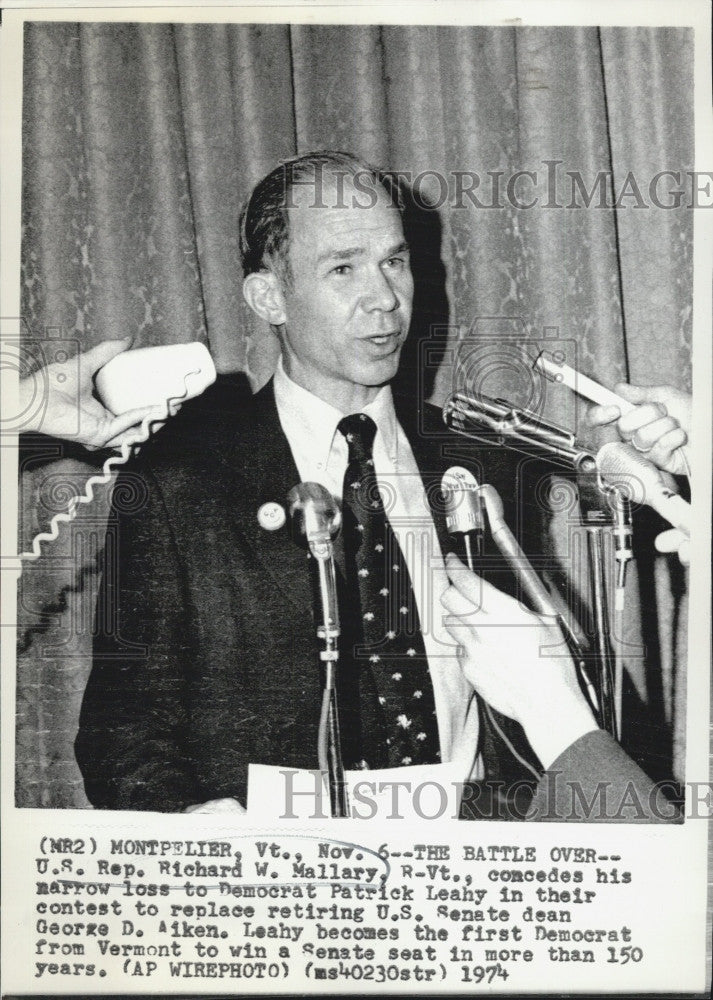 1974 Press Photo U.S. Rep. Richard W. Mallary concedes loss to Patrick Leahy - Historic Images