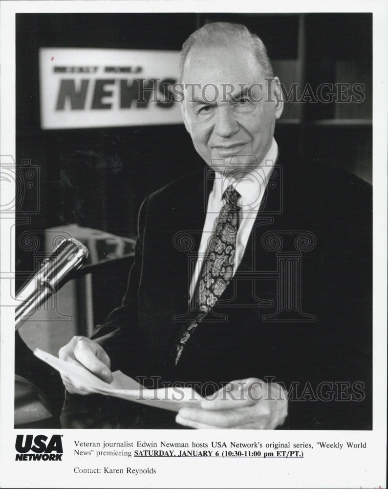 1995 Press Photo Veteran journalist Edwin Newman hosts &quot;Weekly World News&#39; - Historic Images