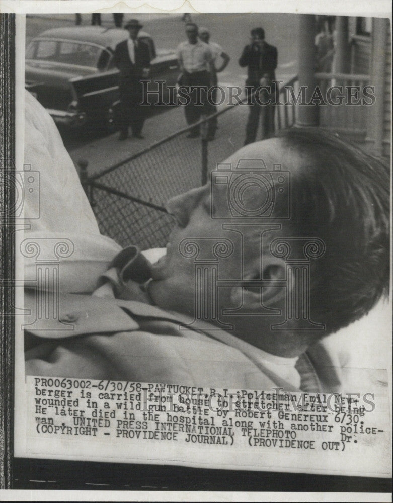 1958 Press Photo Policeman Emil Newberger wounded gunshot by Robert Genereux - Historic Images