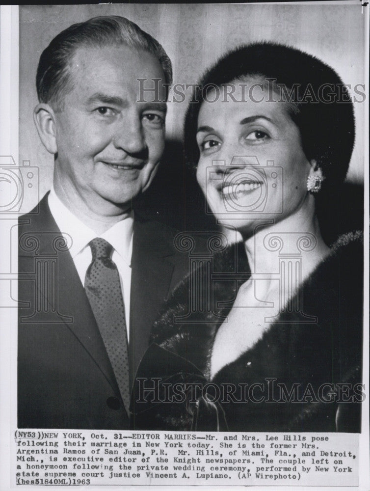 1963 Press Photo Mr &amp; Mrs Lee Hills After they Were Married He is Editor Knight - Historic Images